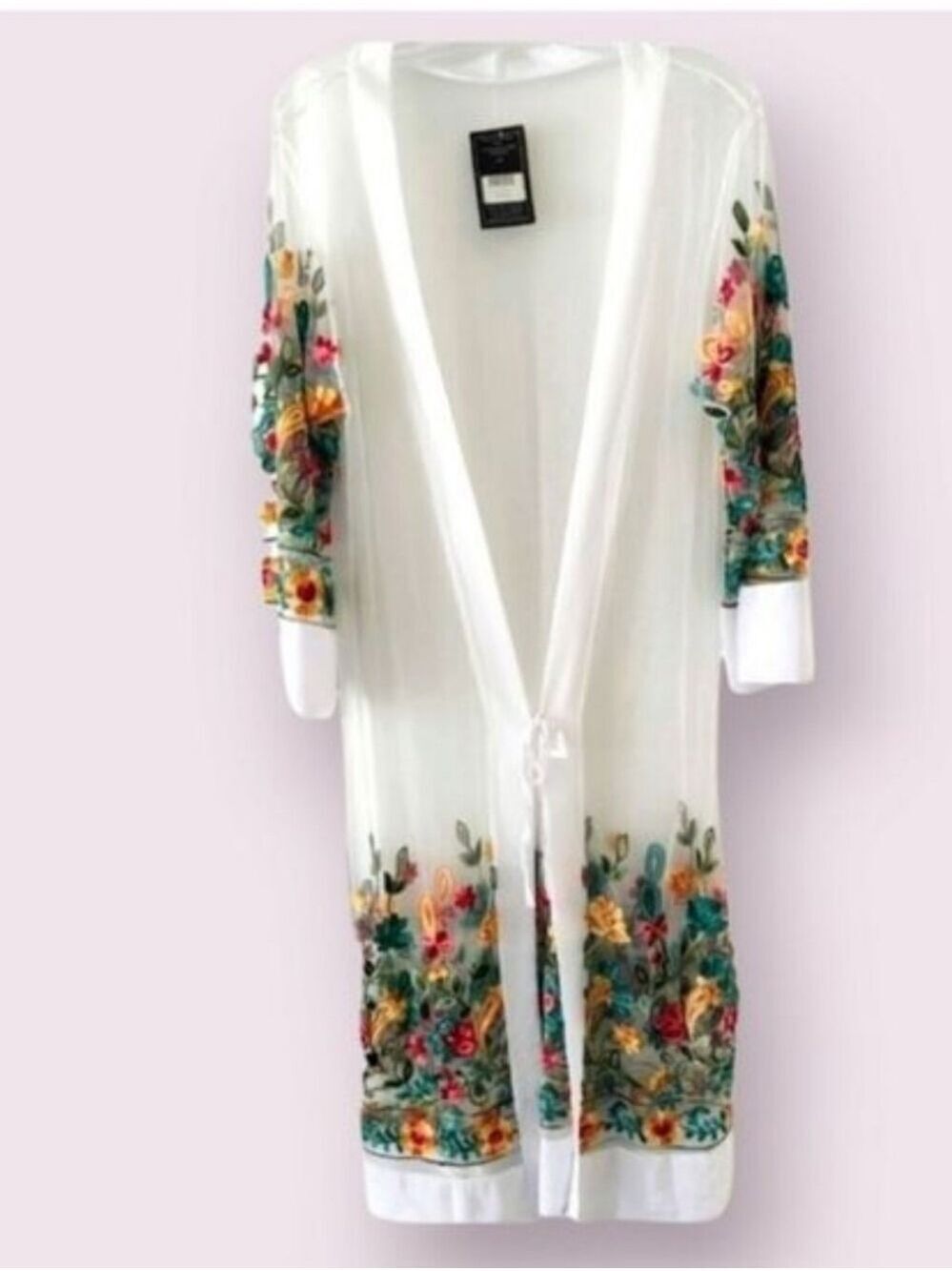 TRIBE Sheer Embroidered Floral Chiffon Kimono White Size One Size